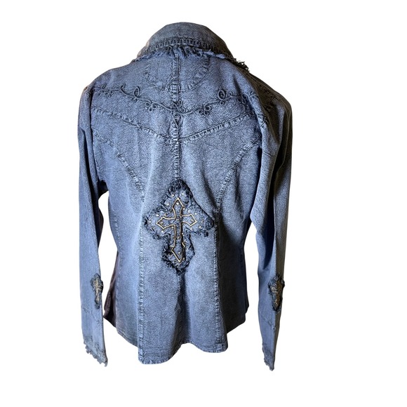 Y2K Casagano Embroidered Western Denim Jacket‎ Rhinestone Cross Details Large - Picture 1 of 15